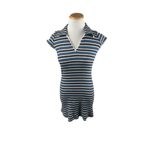 Younique Y2K Ribbed Collared Mini Sweater Dress Small Blue Black Grunge - Picture 1 of 7